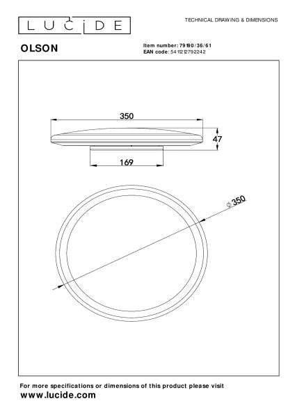 Lucide OLSON - Plafonnière Badkamer - Ø 35 cm - LED - CCT - 1x36W 3000K/6500K - IP44 - Opaal - technisch